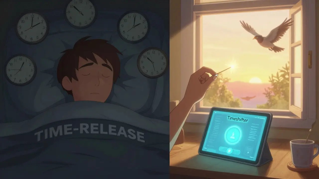 A person trapped in confusion on one side, energized by light and a tiny melatonin pill on the other.