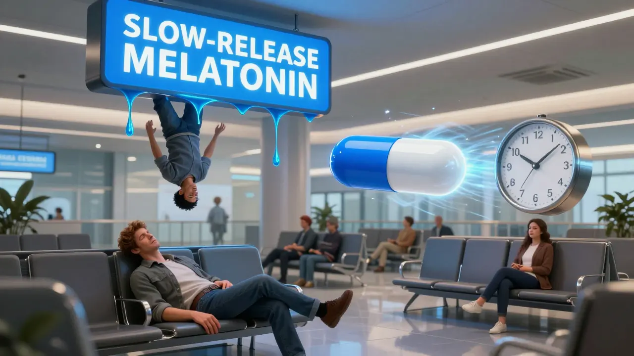 A surreal airport scene with a slow-dripping melatonin pill vs. a fast-moving capsule resetting a clock.