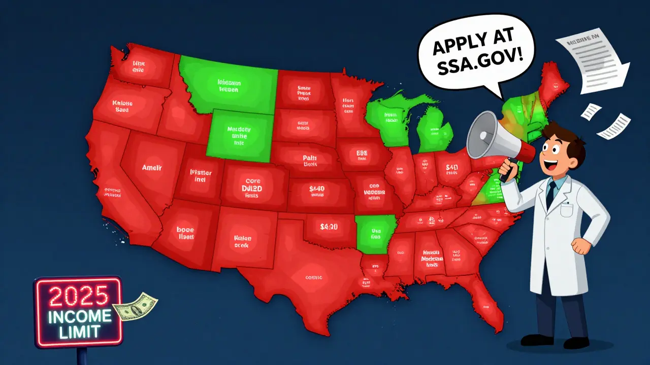 A U.S. map with red and green zones showing medication access, while a Medicare worker shouts 'APPLY AT SSA.GOV!' with floating forms.