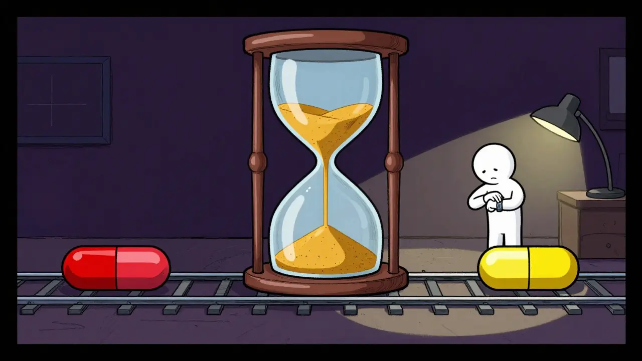 Character watching hourglass timer separating antibiotic and zinc dosing schedule