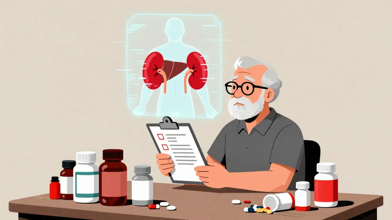 Elderly person reviewing pile of pills with glitchy scan above.