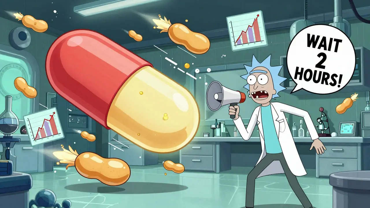 Giant levothyroxine pills dodging soybean missiles in a chaotic cartoon lab with a shouting doctor.