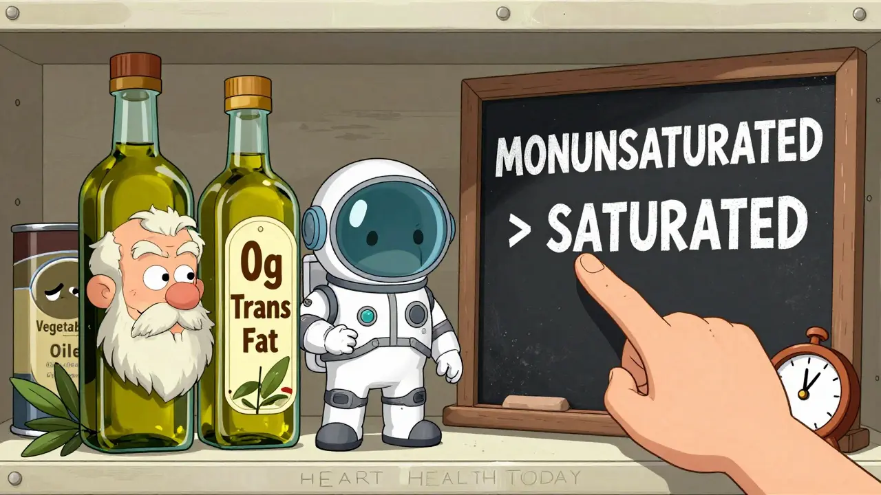 Personified oil bottles in a pantry, with algae oil as an astronaut and a hidden 'Vegetable Oil Blend' hiding.