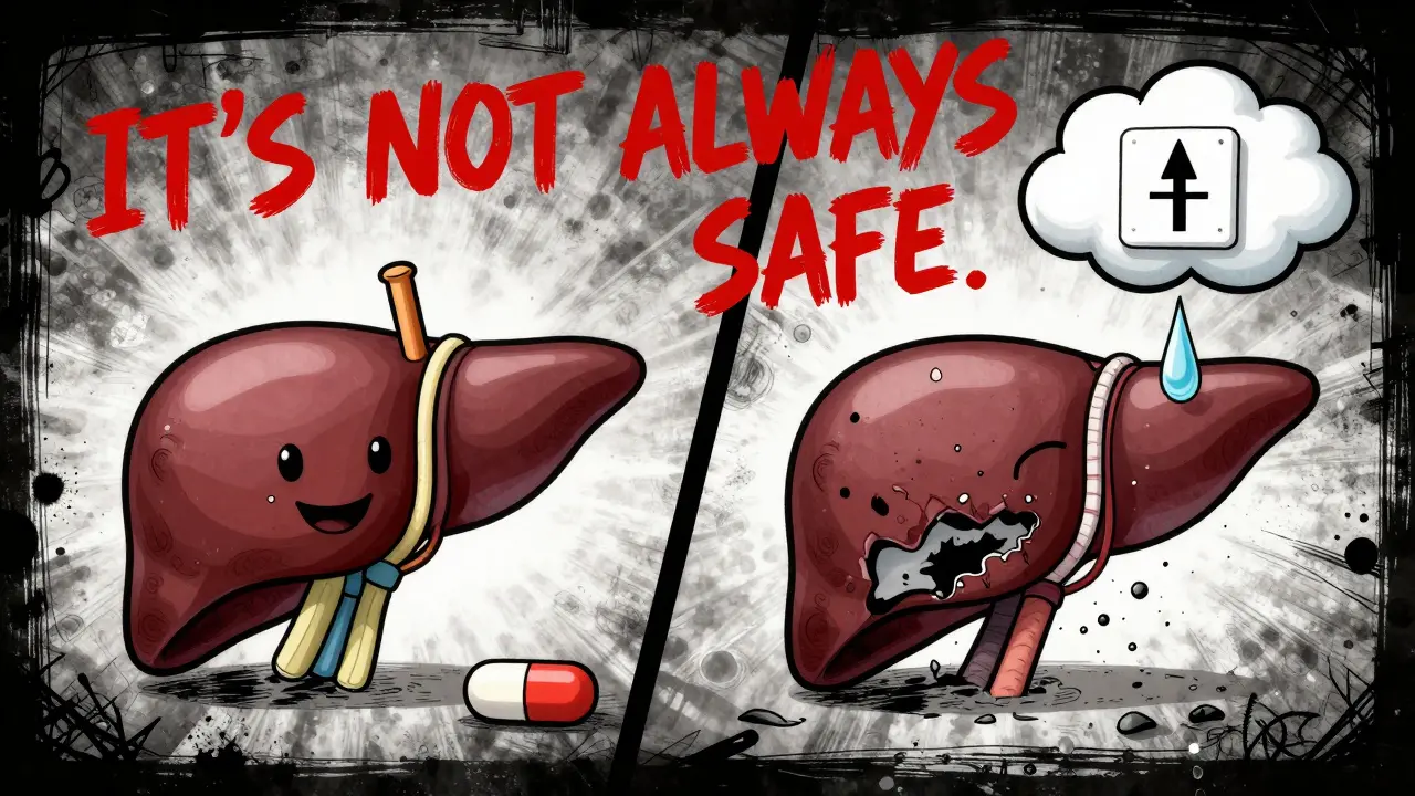 Split cartoon panel: healthy liver vs. crumbling liver with transplant sign, symbolizing azithromycin's hidden risk.