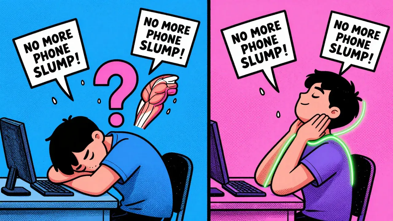 Split cartoon scene comparing poor posture at a desk to correct posture with chin tucks, glowing lines and muscle icons.