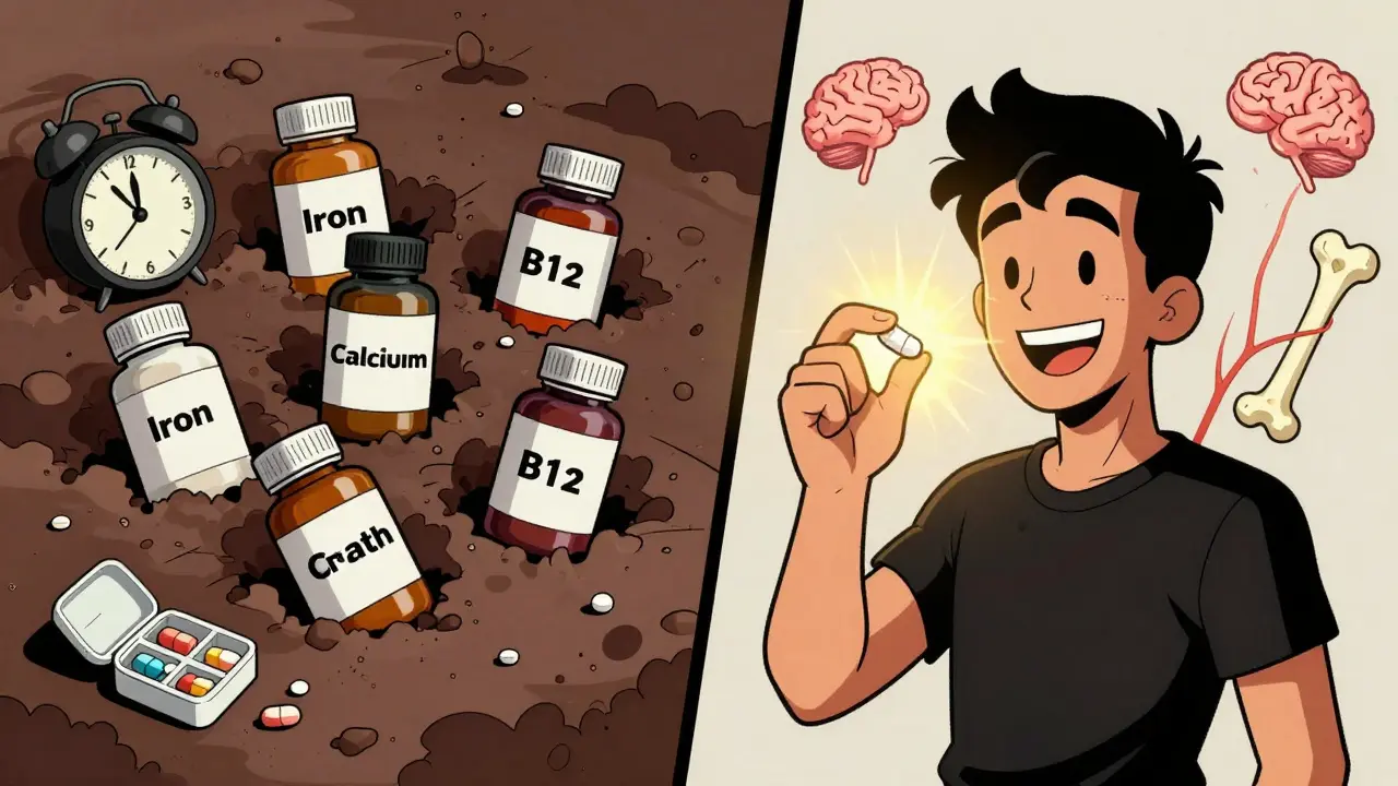 Split-screen: one side shows overwhelmed person with many pills, other side shows same person happy with one compact vitamin.