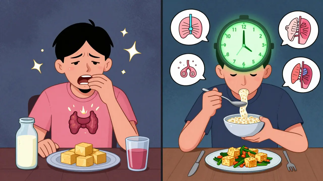 Split-screen showing soy interference with thyroid medication at breakfast vs. safe timing at dinner.