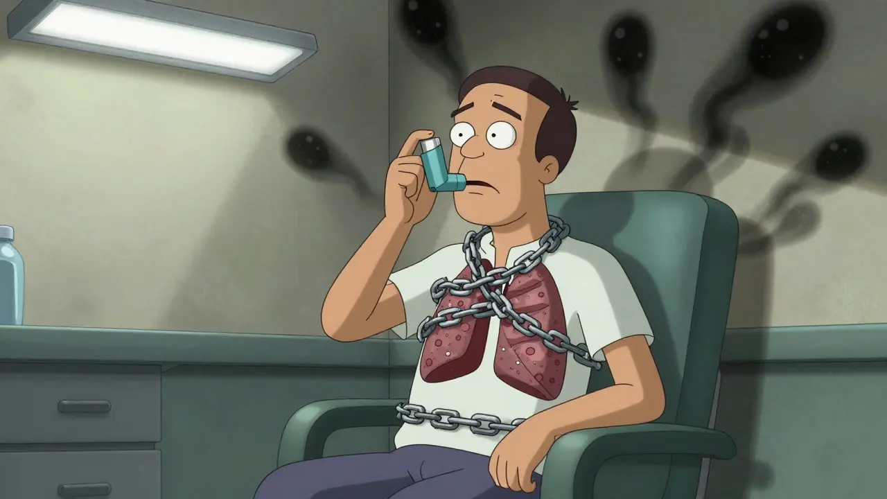 Stressed patient with iron chain lungs symbolizing blocked airways.