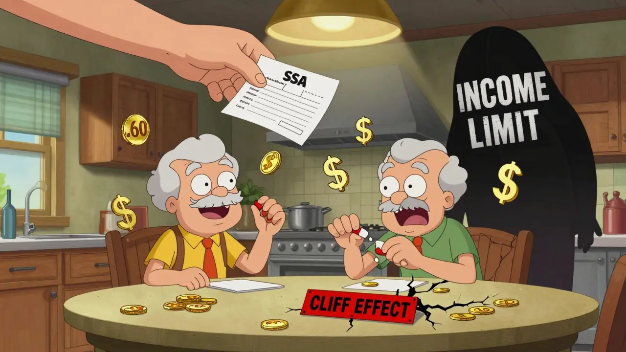 Two elderly people at a table—one taking pills happily, the other cutting a pill in half—surrounded by dollar signs and a 'CLIFF EFFECT' sign.