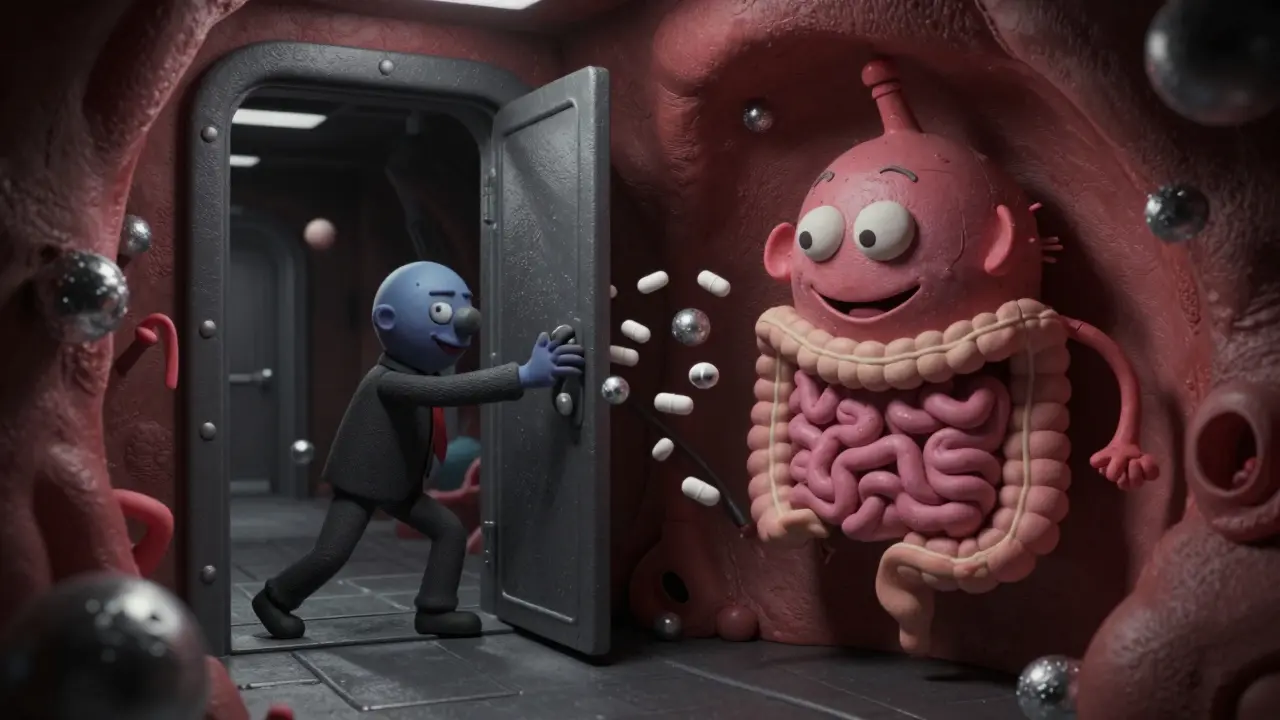 Zinc molecules blocking antibiotic absorption path in illustrated gut environment