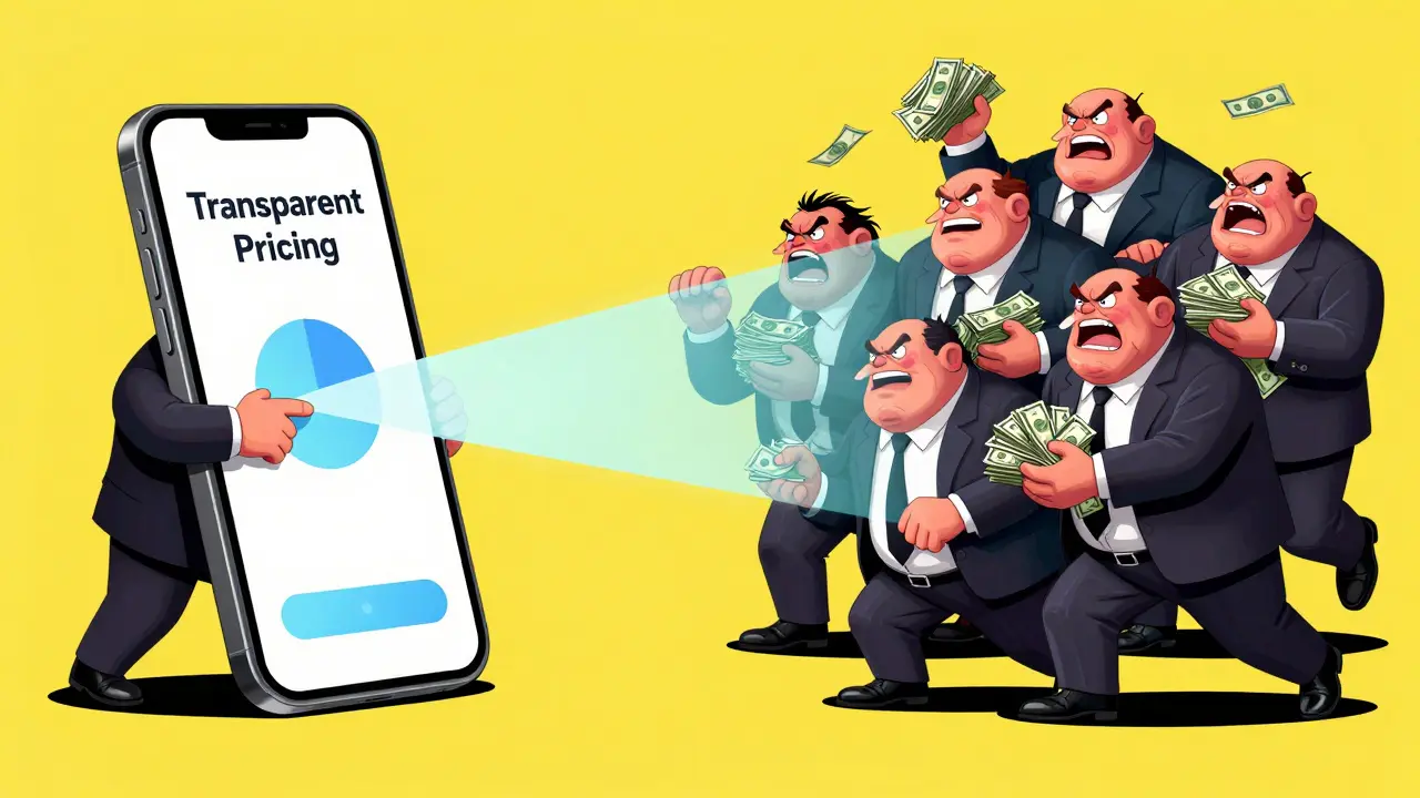 A digital interface battling greedy corporate monsters representing pharmacy middlemen in Adult Swim style.