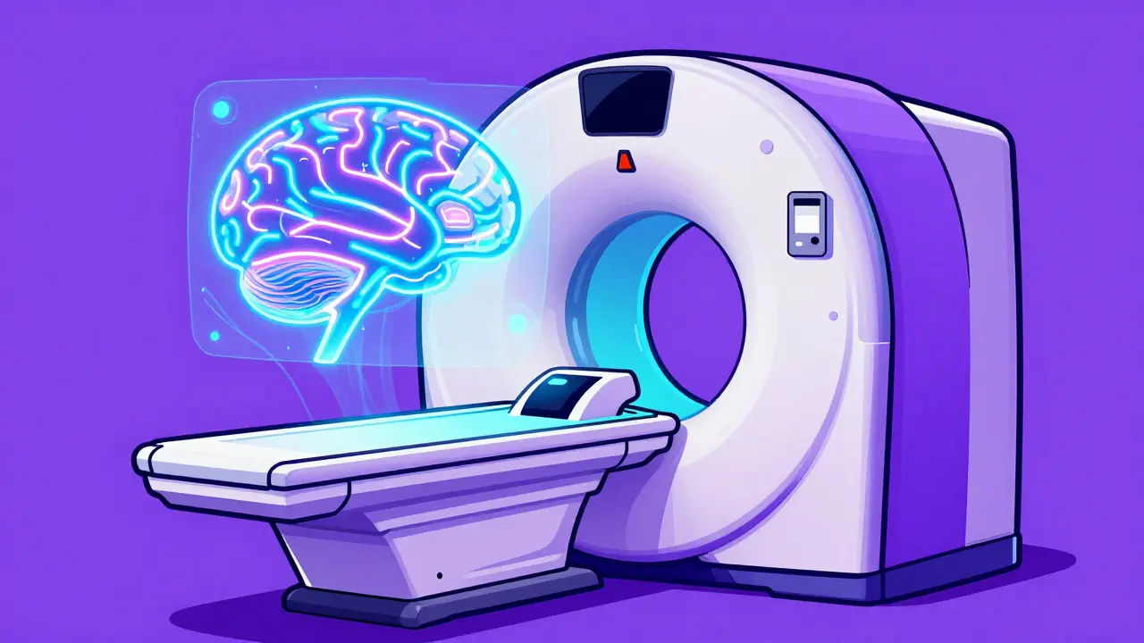 A futuristic MRI machine projecting a glowing neon 3D map of the brain's neural wiring.
