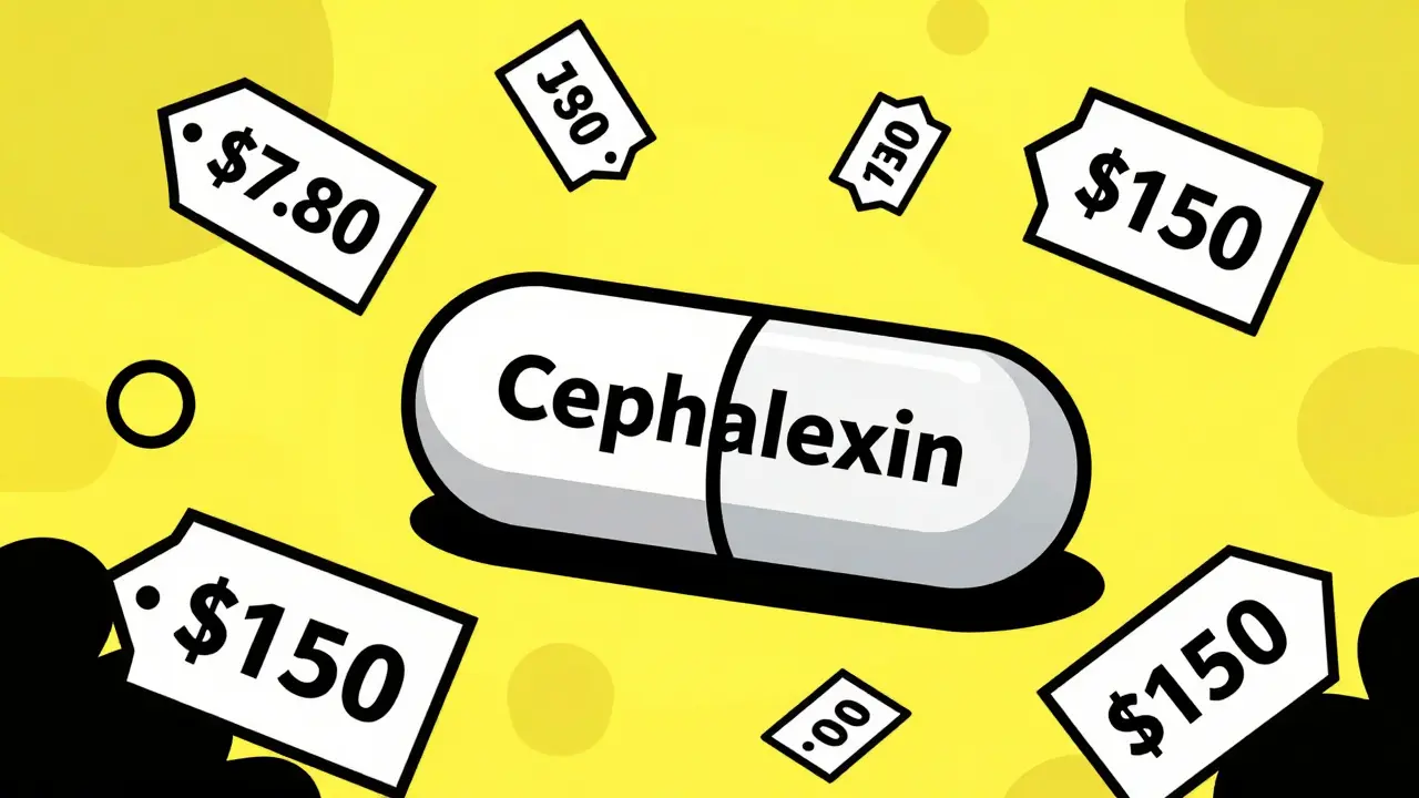 A generic pill surrounded by floating price tags of varying costs.