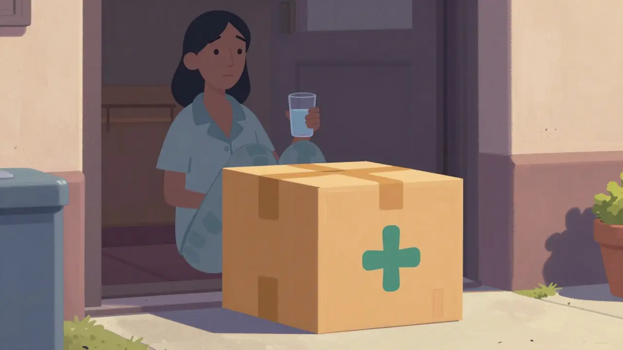 A medication package delivered to a home with a relaxed person in the background