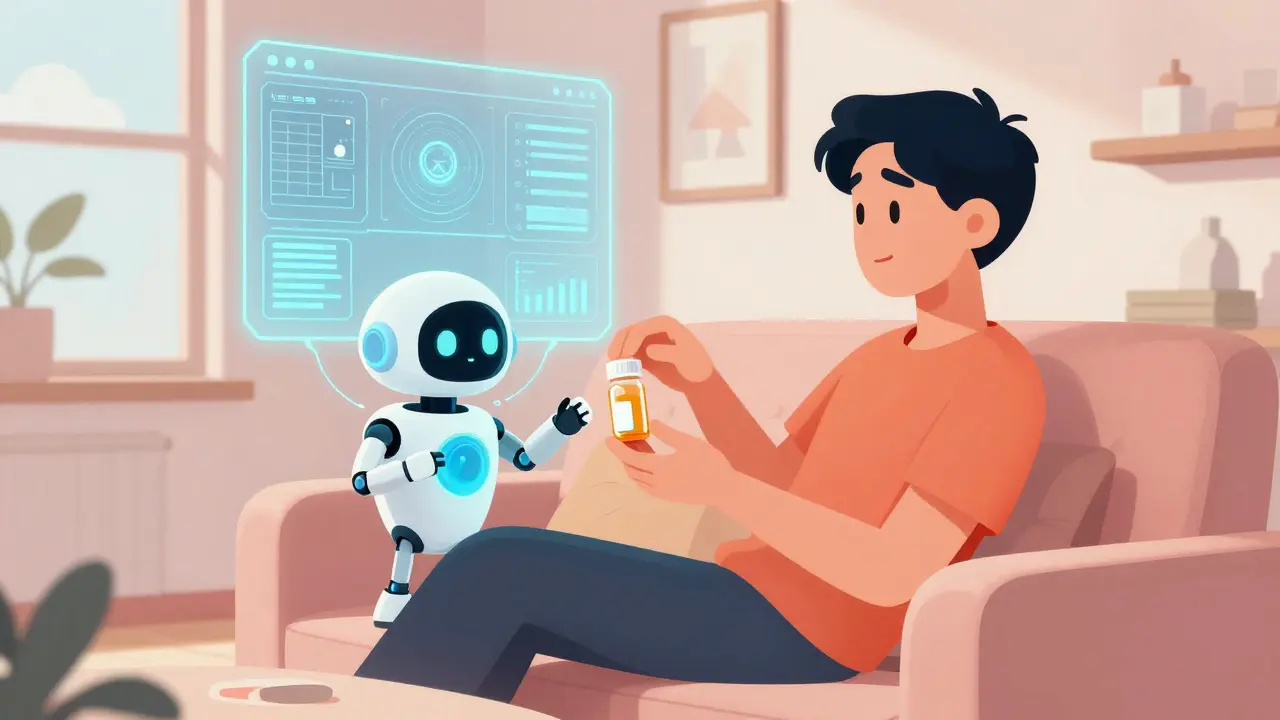 A quirky AI robot delivering medication to a person in a futuristic home in Adult Swim style.