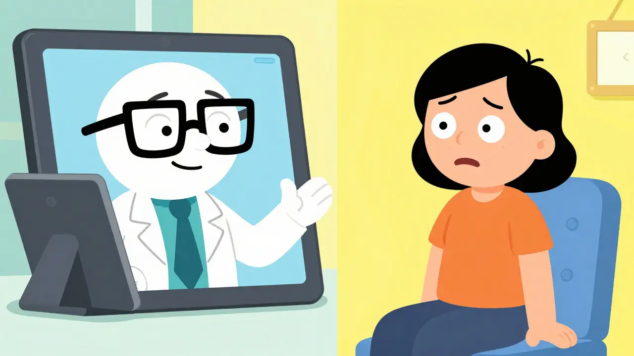 A telehealth consultation between a patient and a quirky doctor on a tablet
