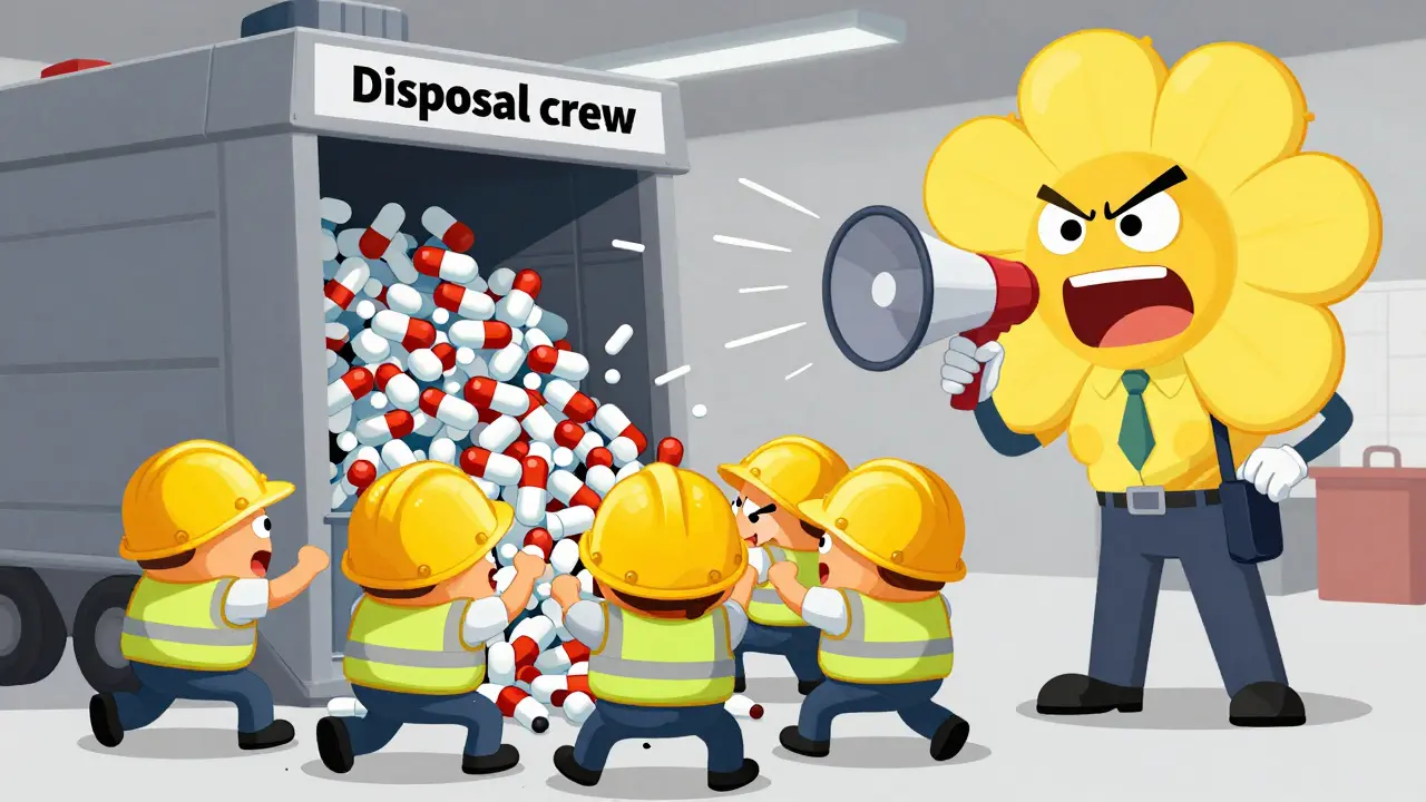 Cartoon enzymes in hardhats throwing medicine pills into a trash compactor.