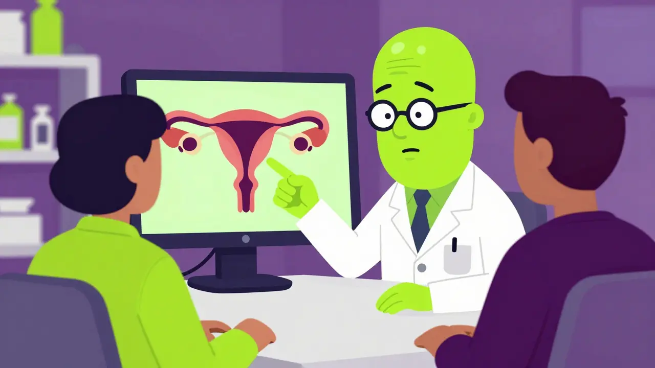 Doctor explaining fertility medication process to a patient in a cartoon style