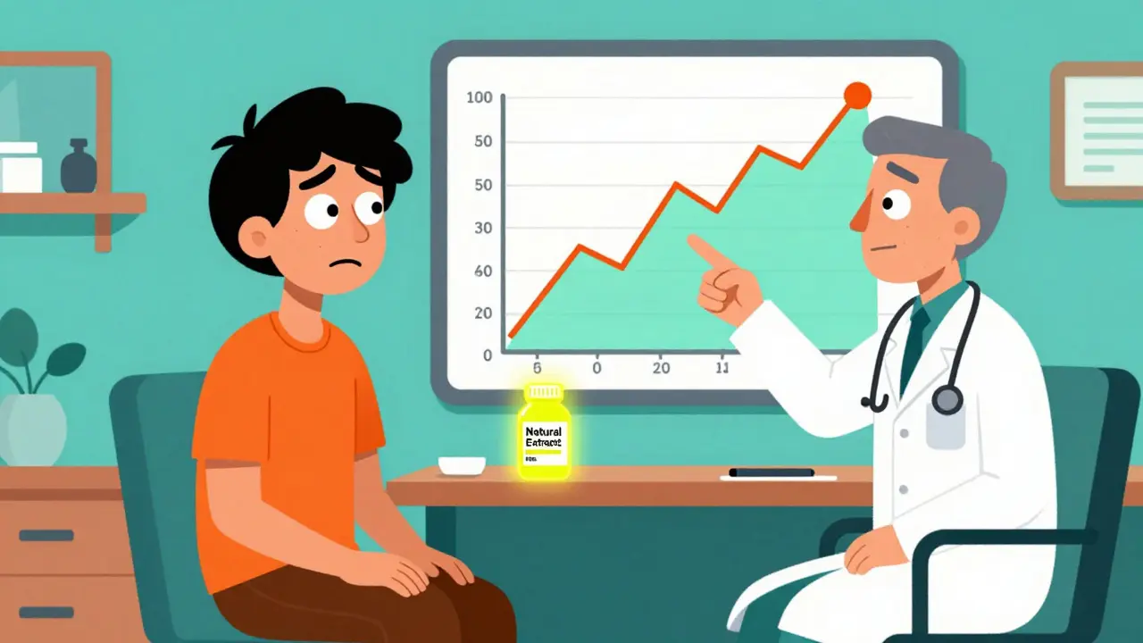 Patient in a clinic with a doctor pointing to a spiking viral load chart.