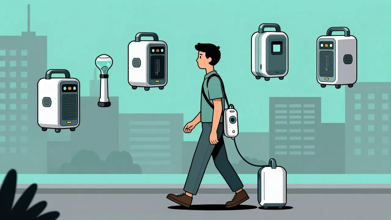 Person carrying a portable oxygen concentrator in a stylized urban environment.