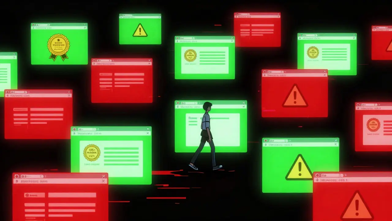 Person navigating a surreal digital landscape of safe and unsafe pharmacies