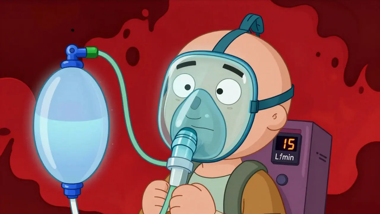 Person using a non-rebreather oxygen mask connected to a high-flow concentrator.