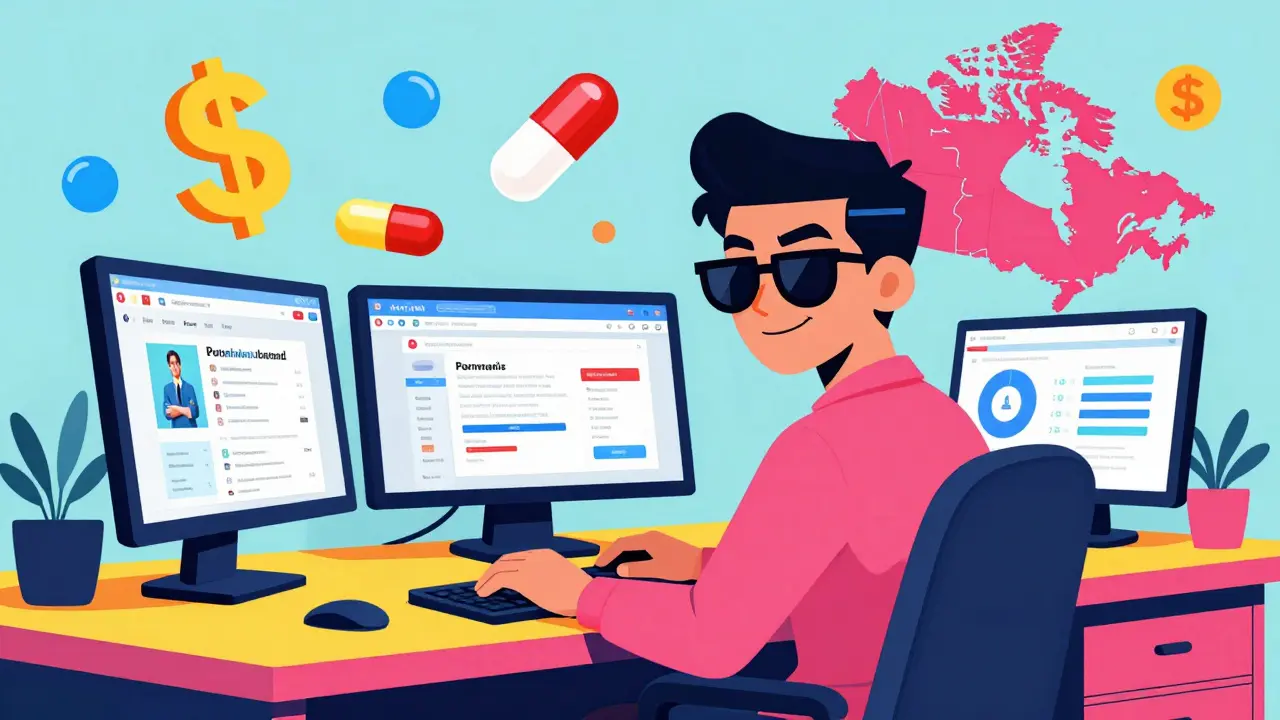 Person using multiple screens to find the cheapest online pharmacy deals