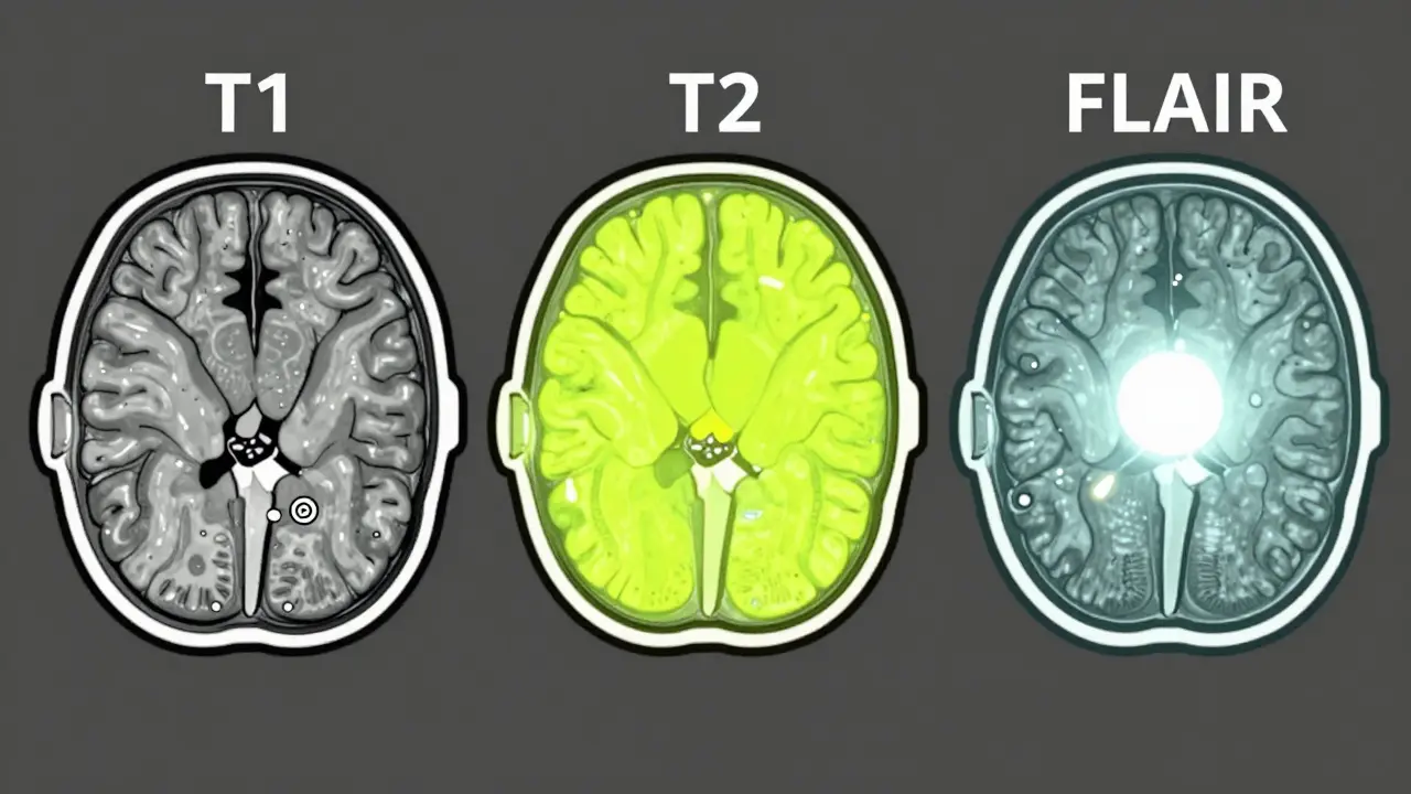 Three brain scans viewed through different colored filters to highlight anatomy and lesions.