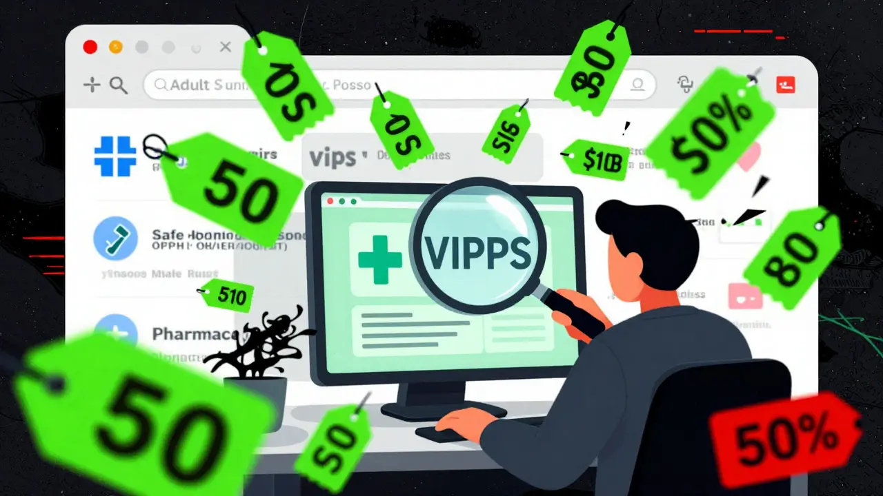 Abstract scene showing safe vs unsafe online pharmacy options.