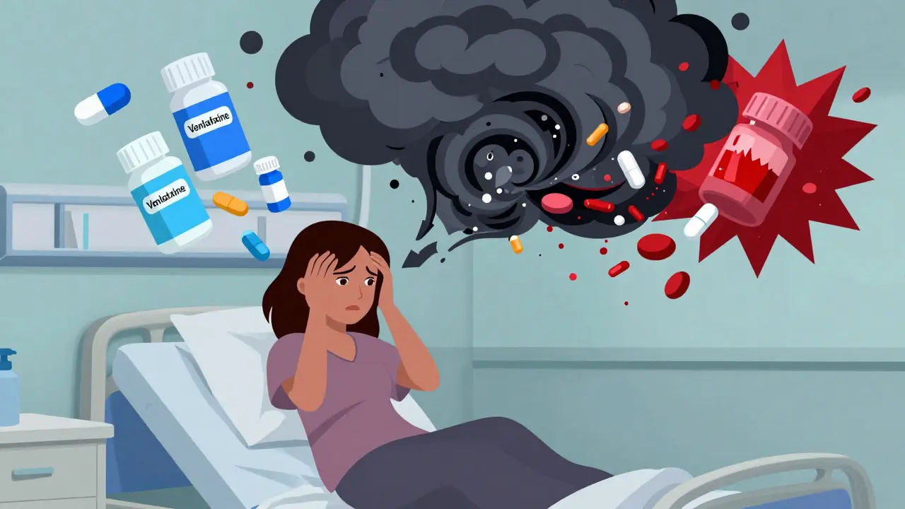 Anxious patient surrounded by calming and aggressive antidepressant pills