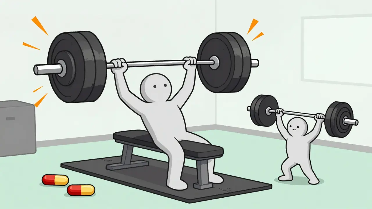 Cartoon character struggling with heavy pill weights vs light ones