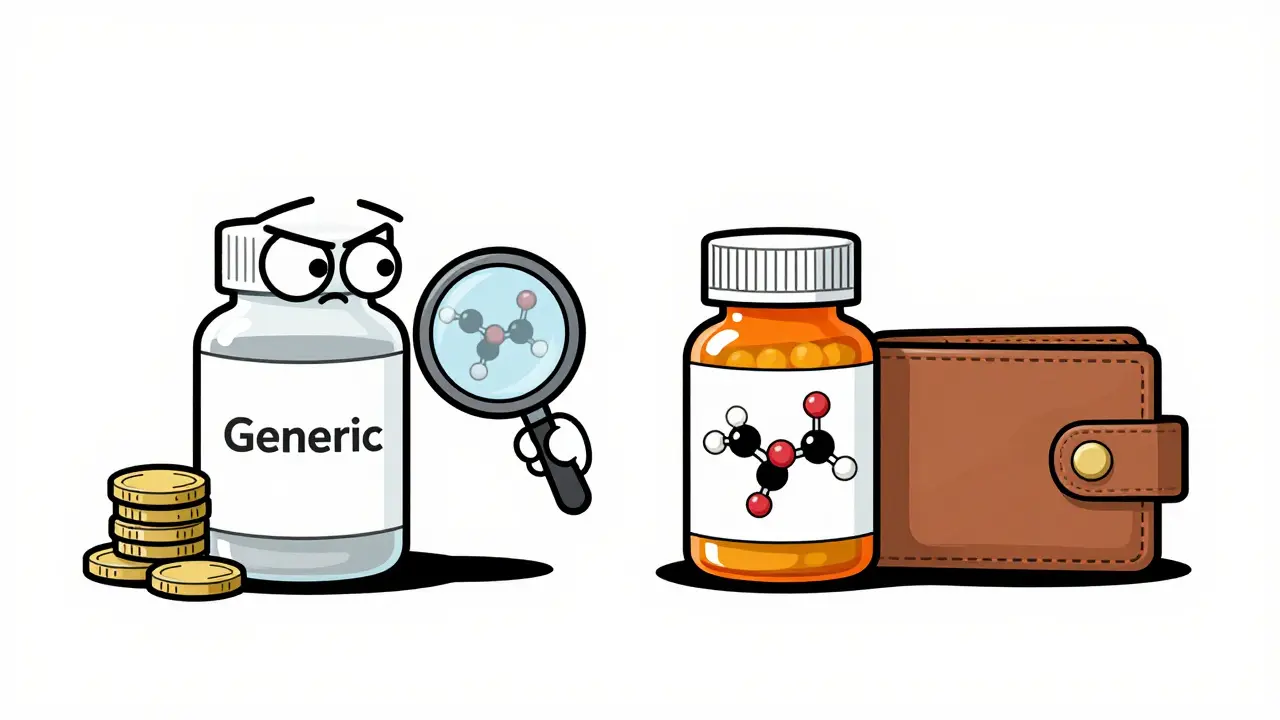Cartoon comparison showing generic medicine saves money while being identical to brand name.
