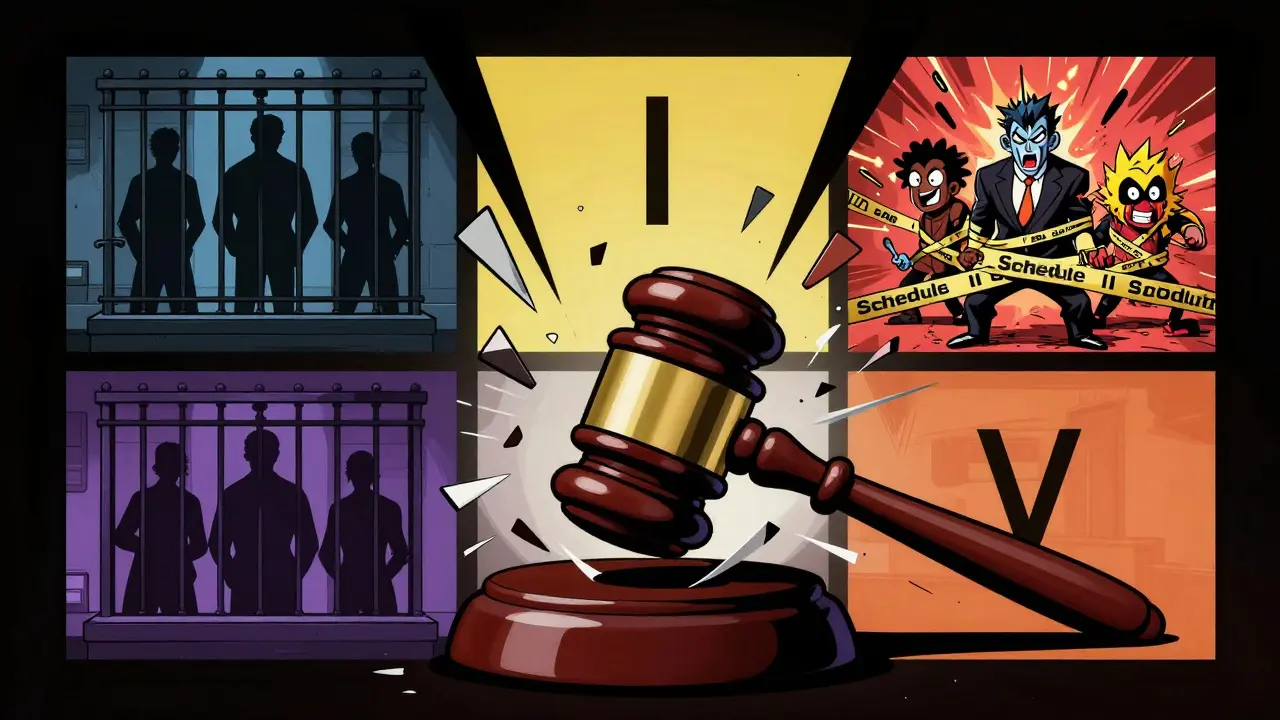 Cartoon courtroom scene showing DEA drug schedules as fragmented, chaotic elements with dramatic lighting.