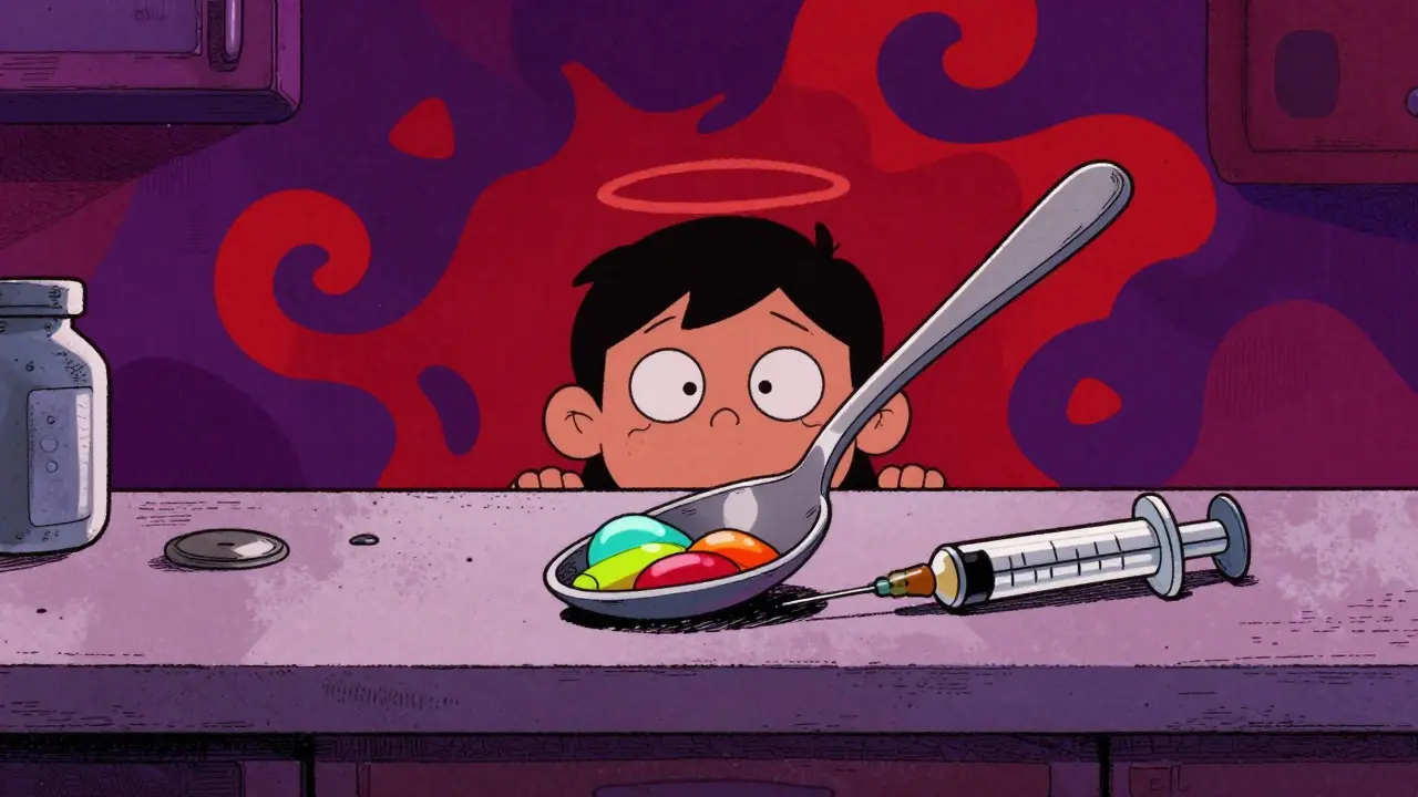 Chaotic dosing scene with spoon vs syringe in gritty cartoon style