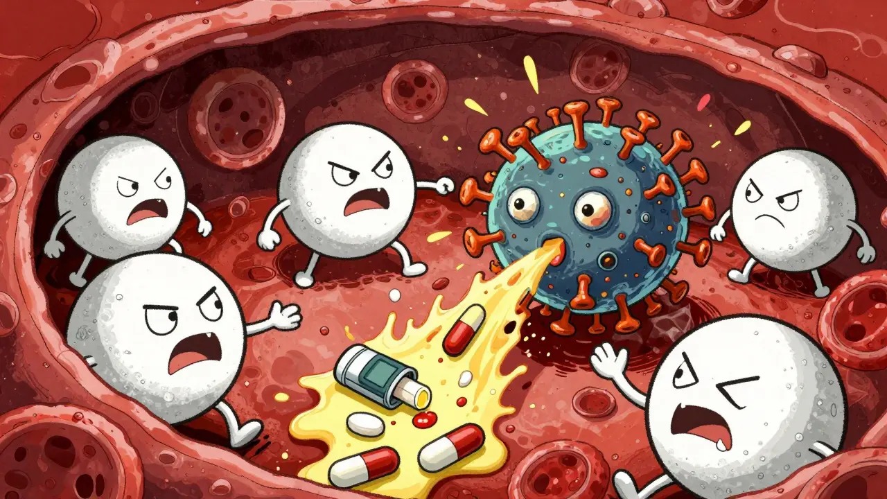 Chaotic immune cells attacking a virus vector while nearby pills explode