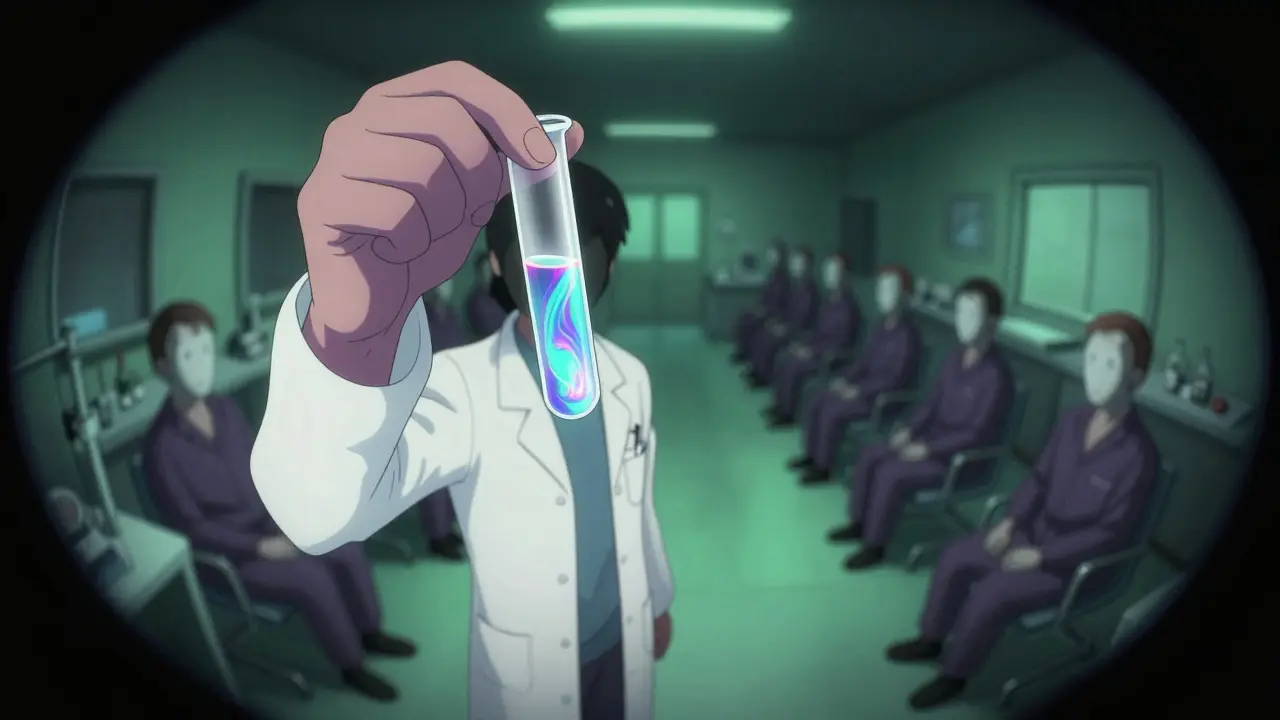 Distorted view of a lab with a glowing test tube and shadowy figures in the background, Adult Swim style.