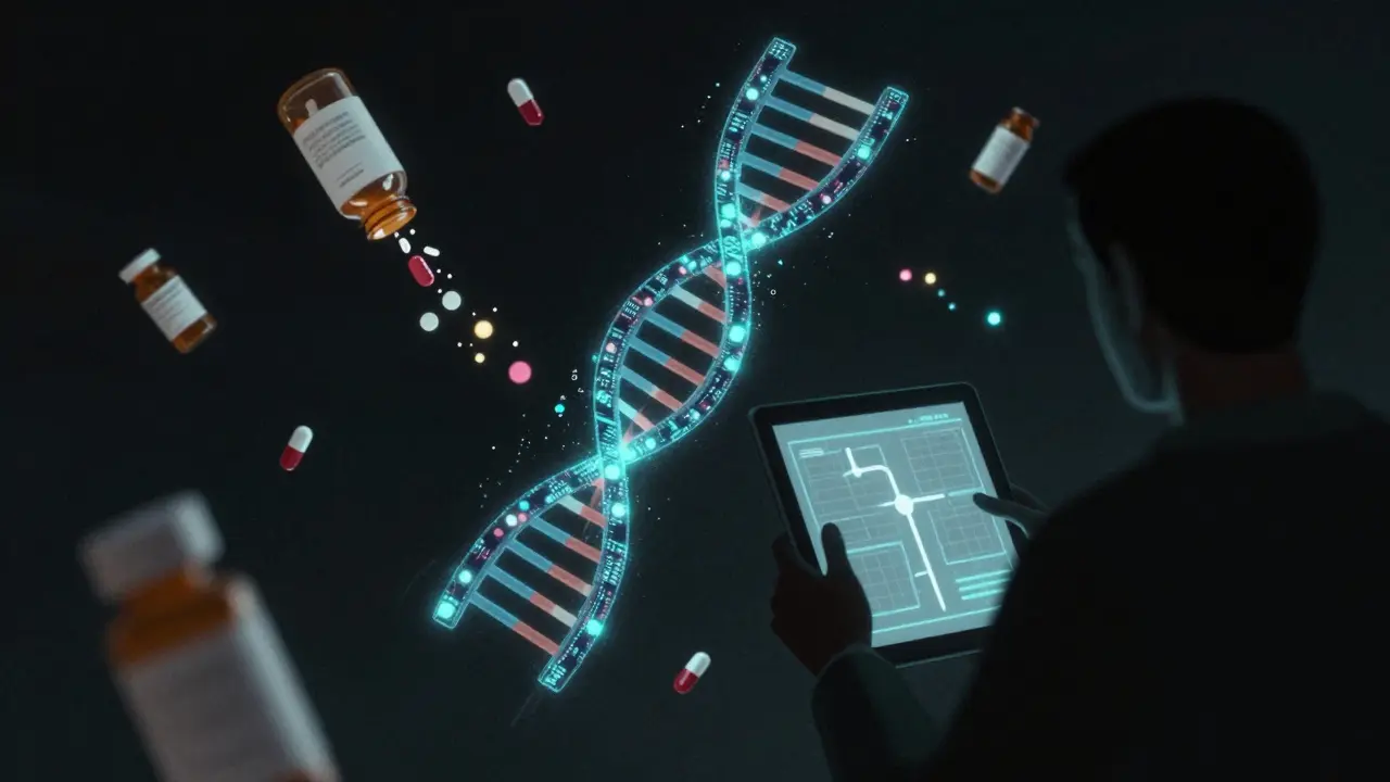 DNA strand and dissolving pills representing personalized medicine