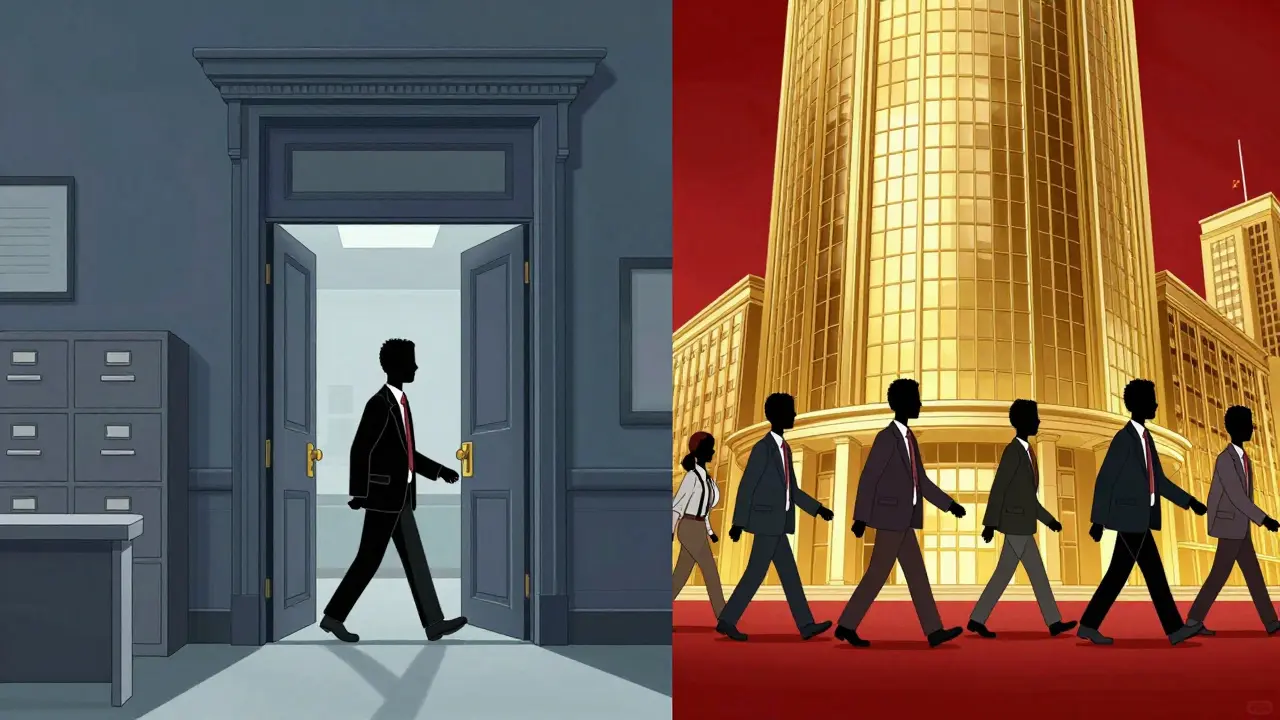 Figures moving between government offices and corporate towers.