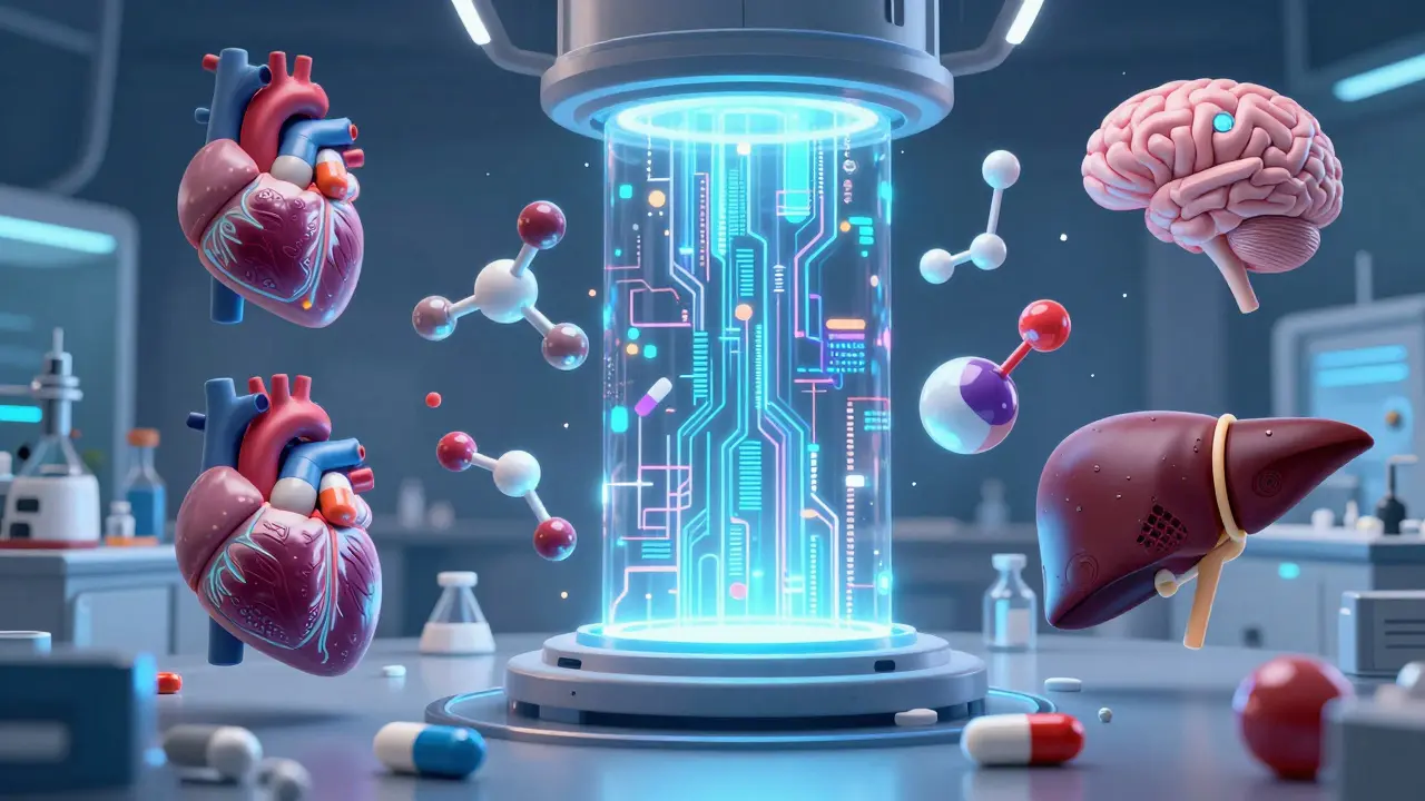 Futuristic lab illustration of AI sorting hybrid biological and digital medication molecules into new categories.