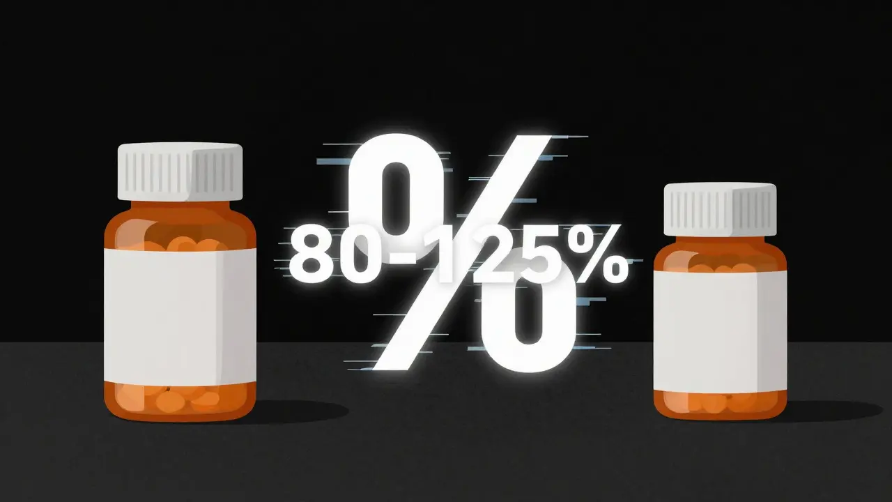 Glitch-art style image comparing two pill bottles with a floating, pixelated bioequivalence range symbol.
