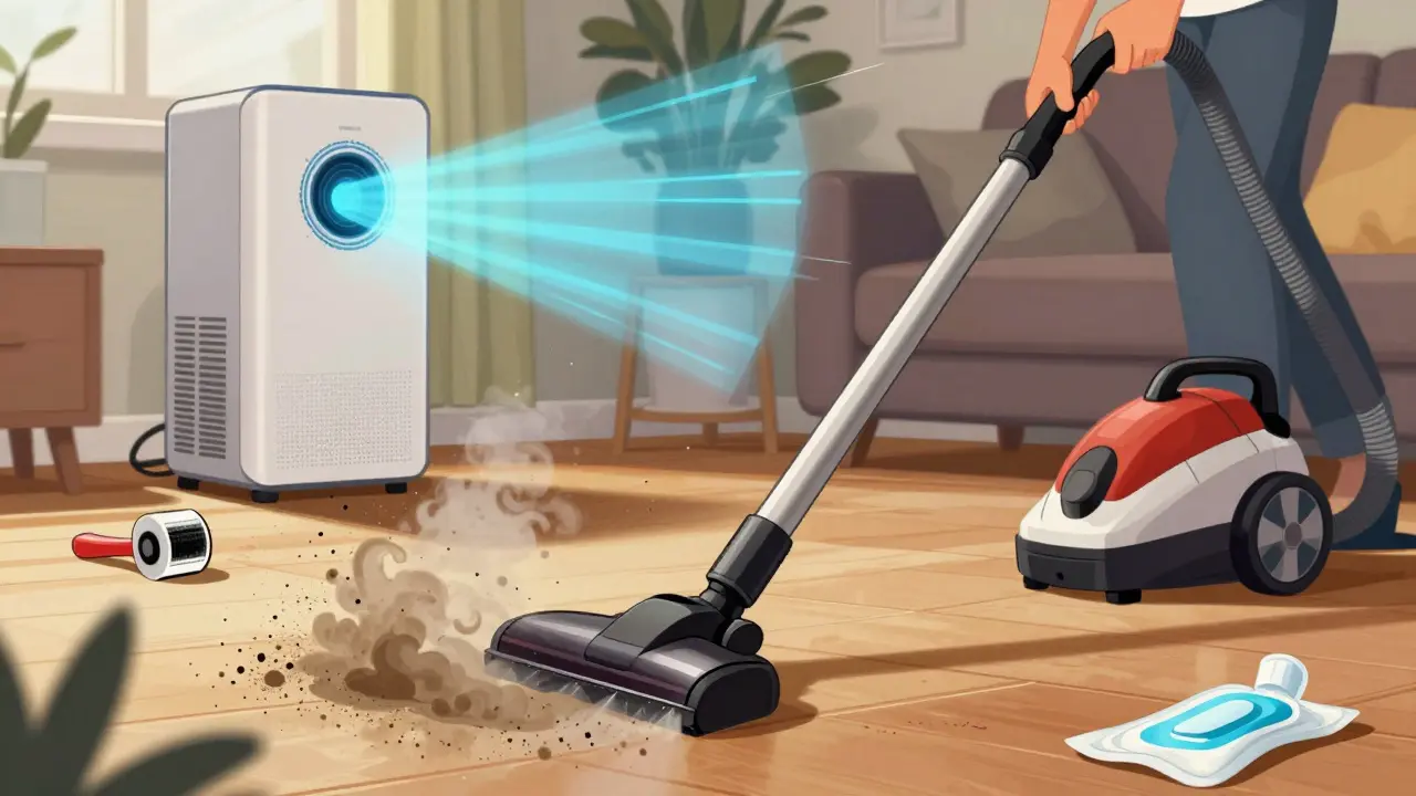 HEPA vacuum and air purifier removing dander from home environment