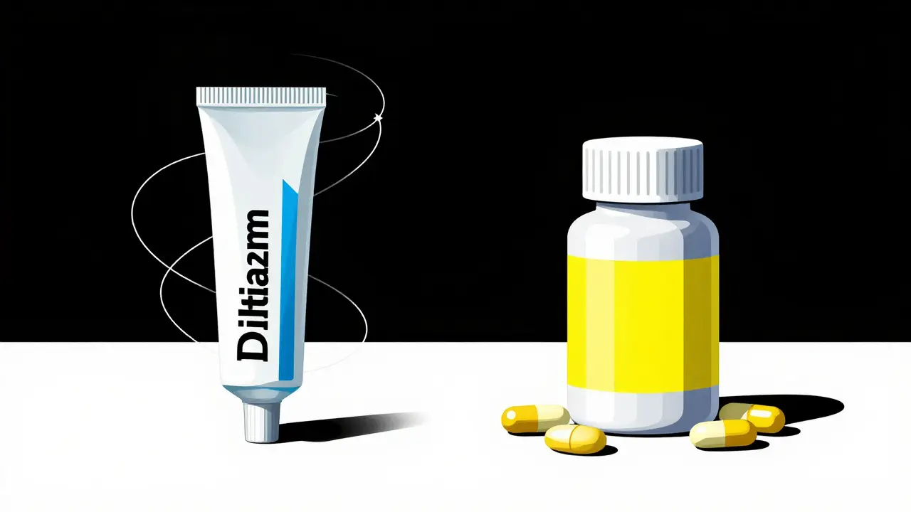 Illustration comparing topical cream and oral capsule medications.