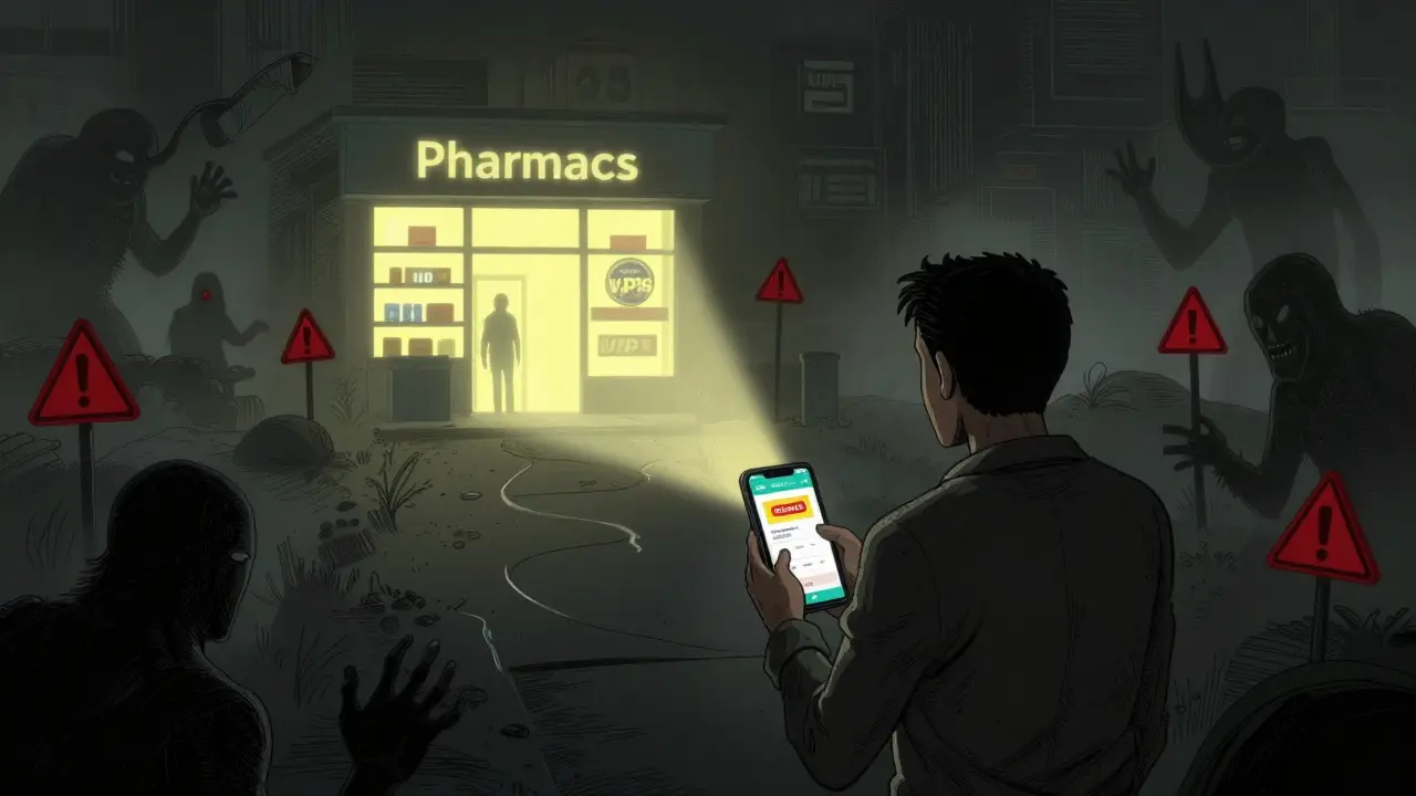 Illustration of safely navigating online pharmacies using discount apps to avoid scams.