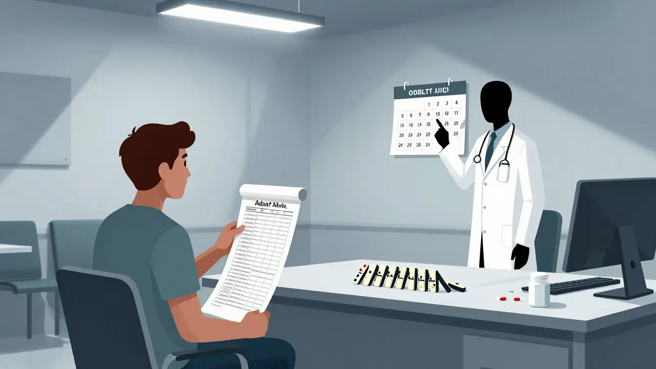 Patient holding endless medical records in a sterile, dystopian clinic