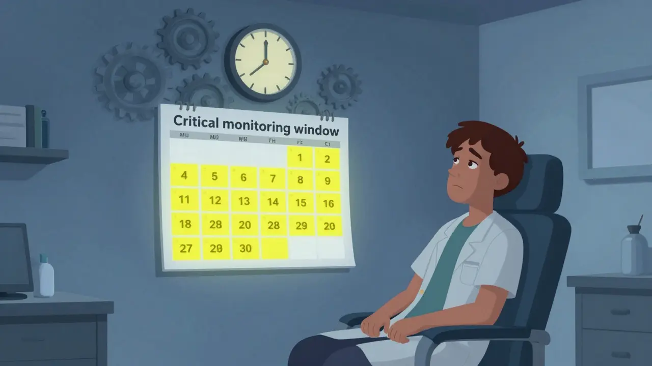 Patient in clinic watching a calendar highlighting the first eight weeks of treatment
