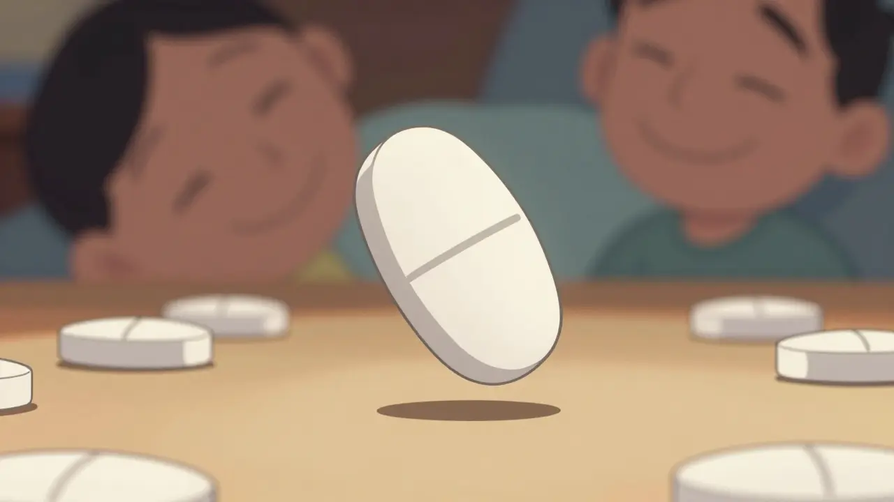 Single floating pill with relaxed character in soft lighting