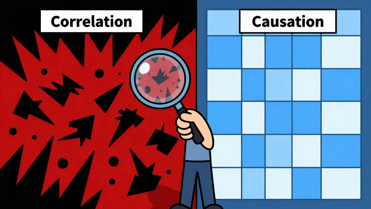 Split illustration contrasting chaotic rumors with structured medical data grids