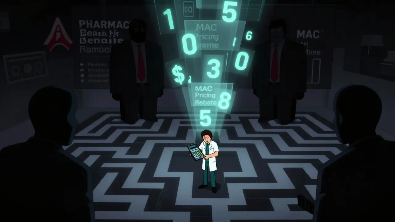Abstract cartoon of corporate giants looming over a stressed pharmacist in a maze