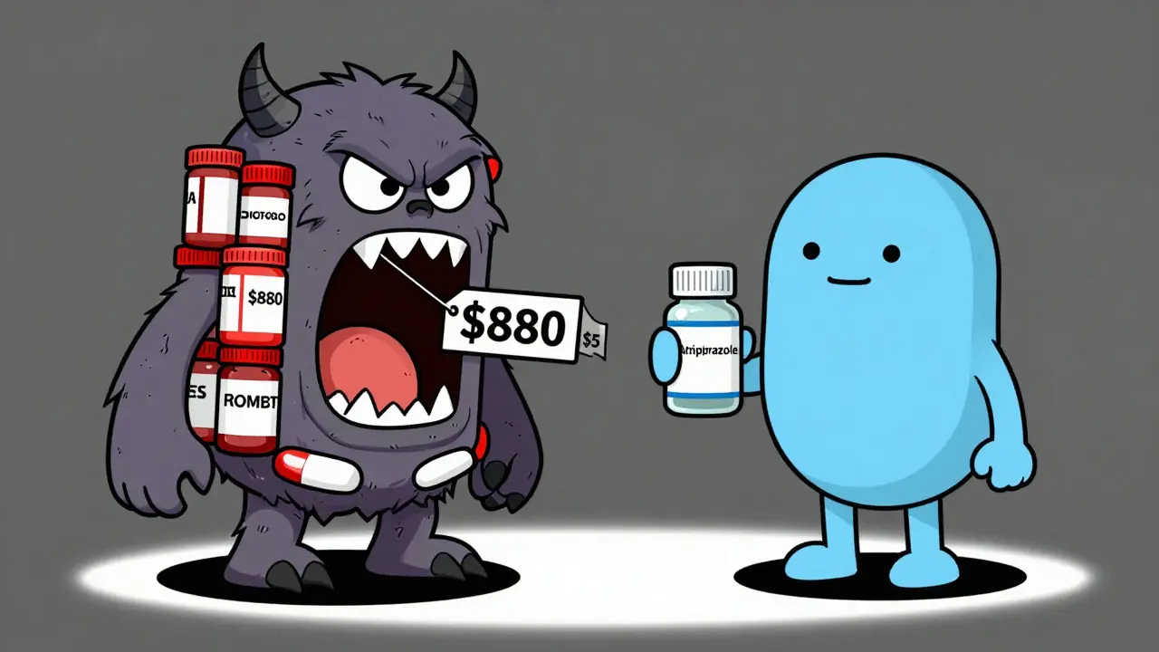 Cartoon monster with high prices vs calm person with cheap generic pills