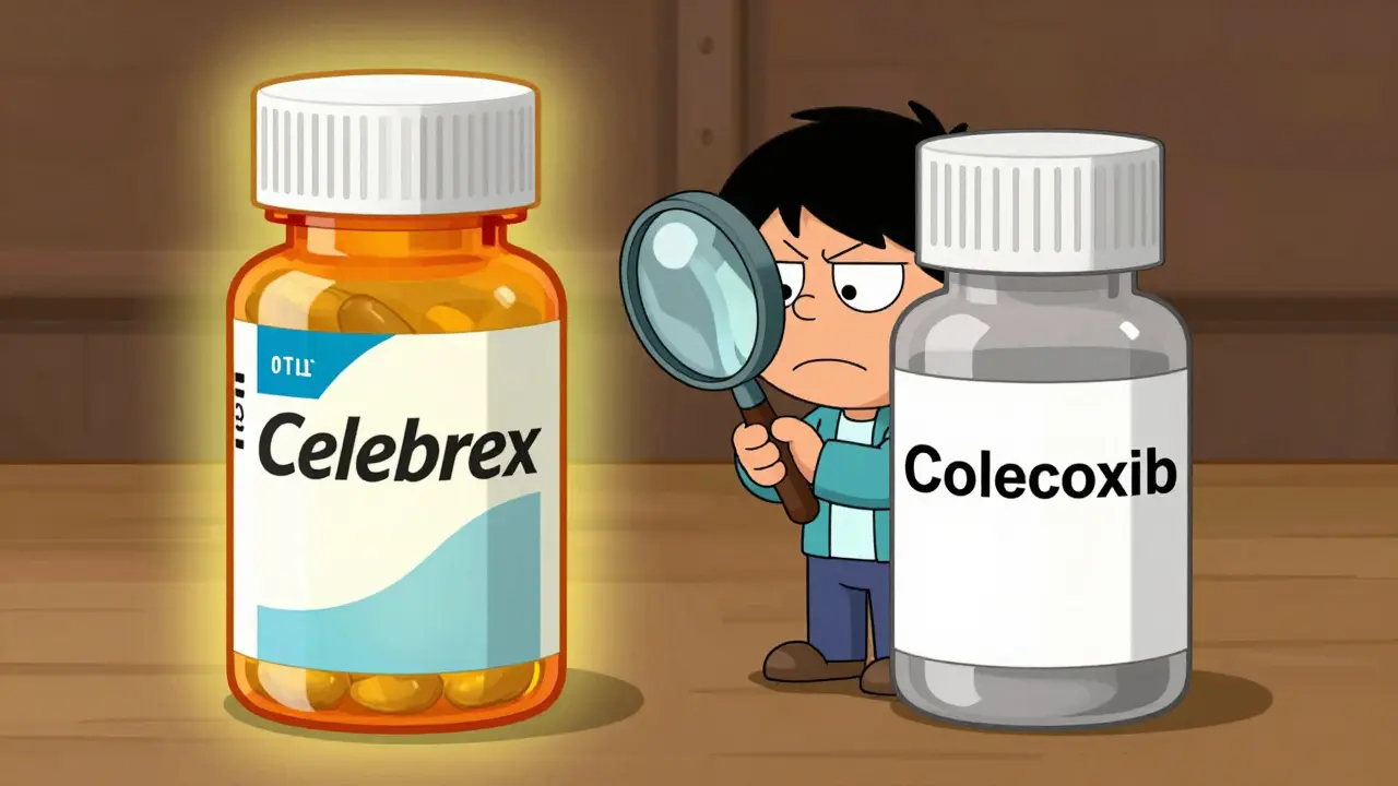Character comparing brand-name and generic pill bottles, cartoon style
